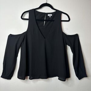 Tobi Black Cold Shoulder Long Sleeve Flowy V-Neck Keyhole Back Blouse M